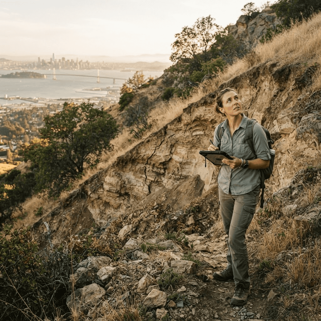 Geologist mapping a landslide-prone hillside in the Oakland Hills