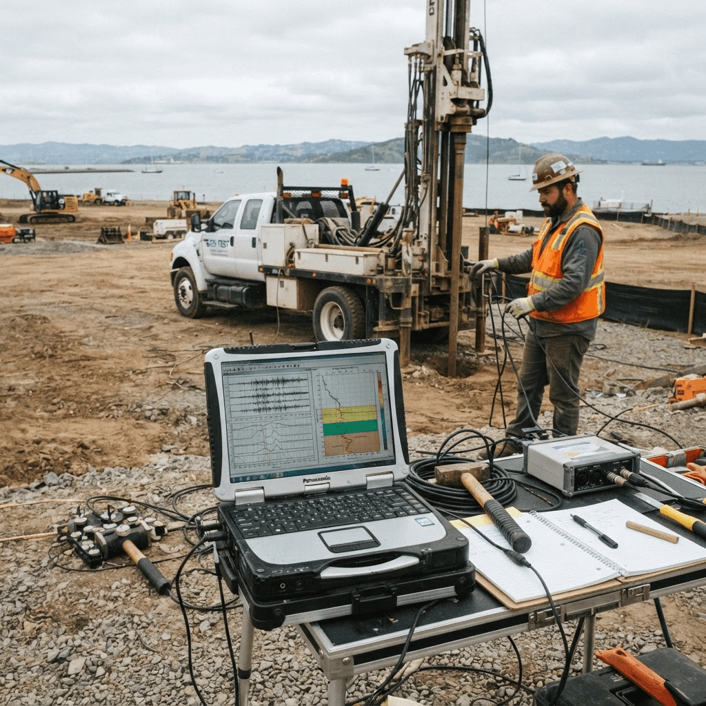 Cone penetration test rig collecting seismic soil data on a Bay Area site