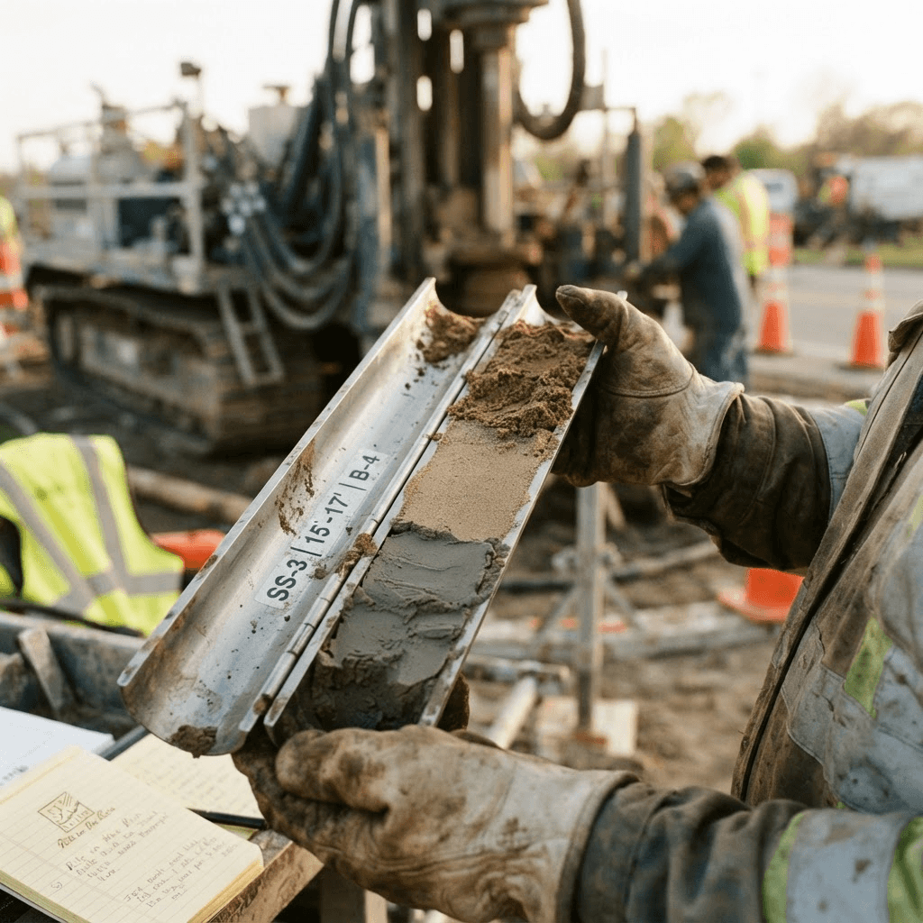 Engineer inspecting a stratified soil core sample at a Bay Area drill site
