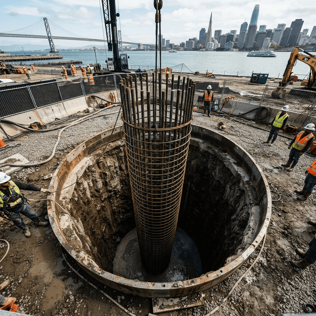 Large-diameter drilled shaft with rebar cage being lowered into excavation