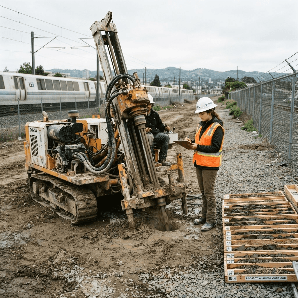 Track-mounted geotechnical drill rig extracting soil core samples