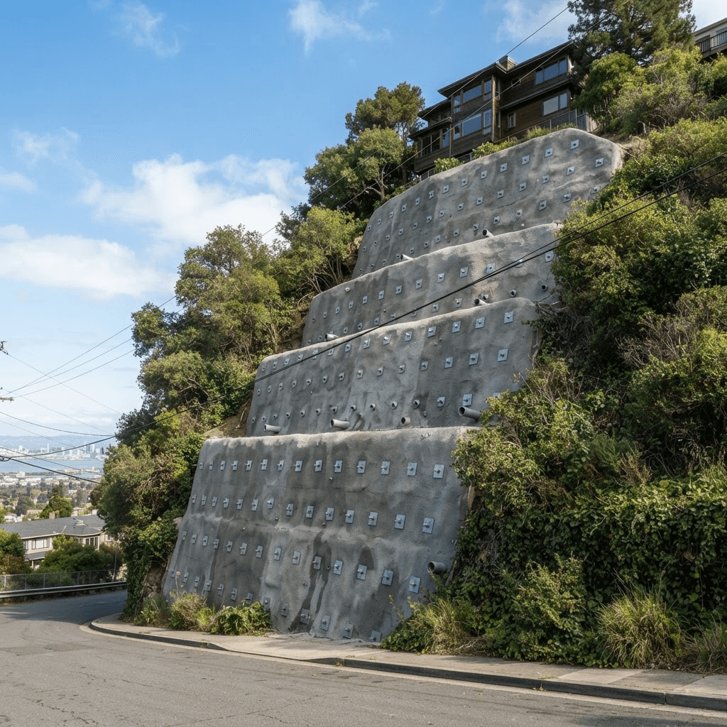 Soil-nail and shotcrete slope stabilization on a steep excavated hillside