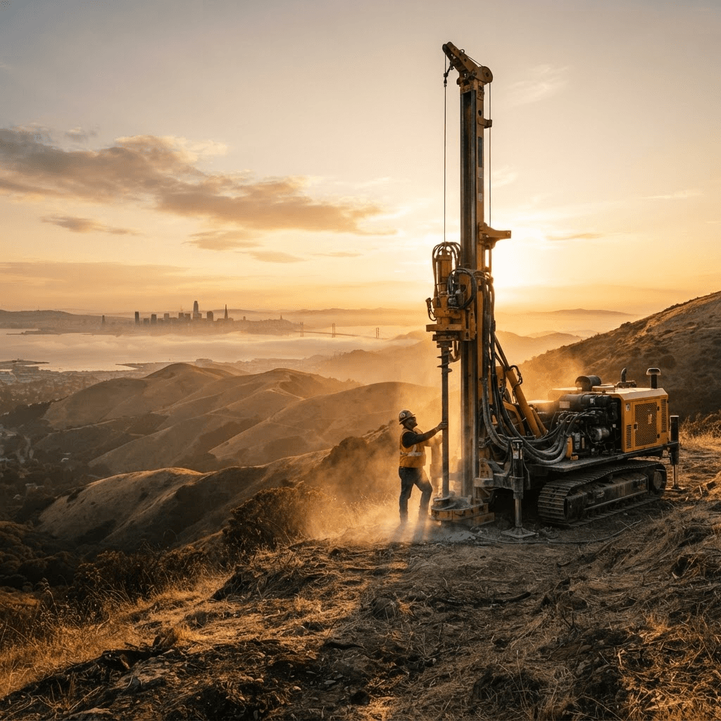 Track-mounted geotechnical drill rig with its mast raised, an engineer working alongside it on a Bay Area hillside at golden hour, the San Francisco skyline and Golden Gate visible through the fog below