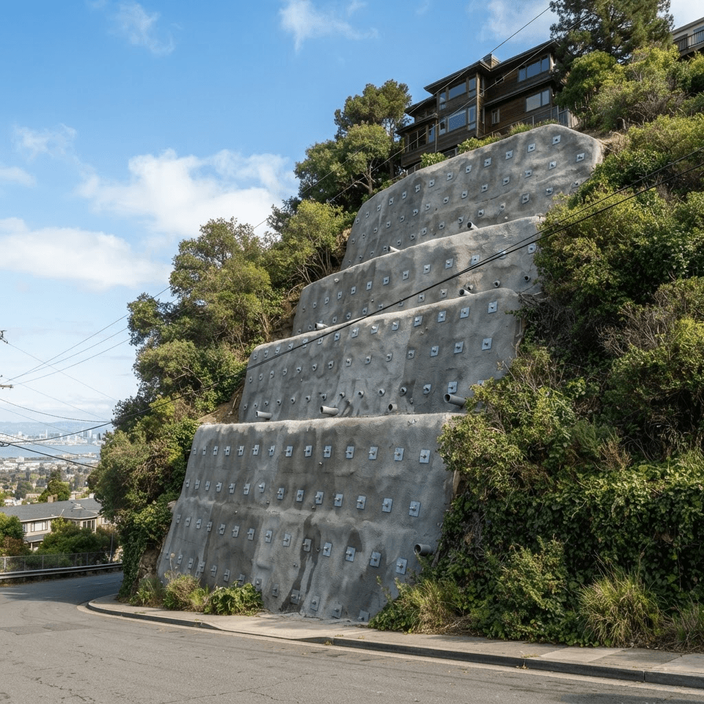 Soil-nail and shotcrete slope stabilization on a steep excavated hillside